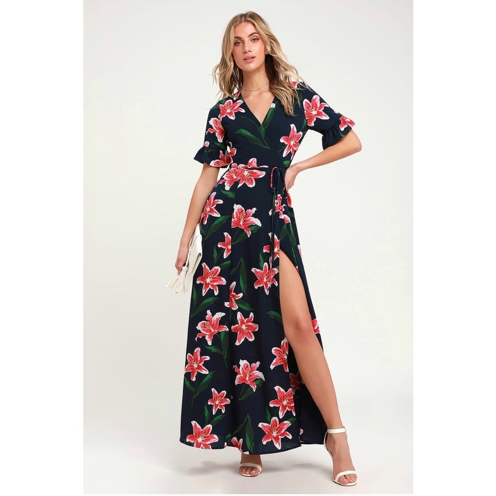 Lulus Stargazer Lily Navy Blue Floral Print Maxi Wrap Dress